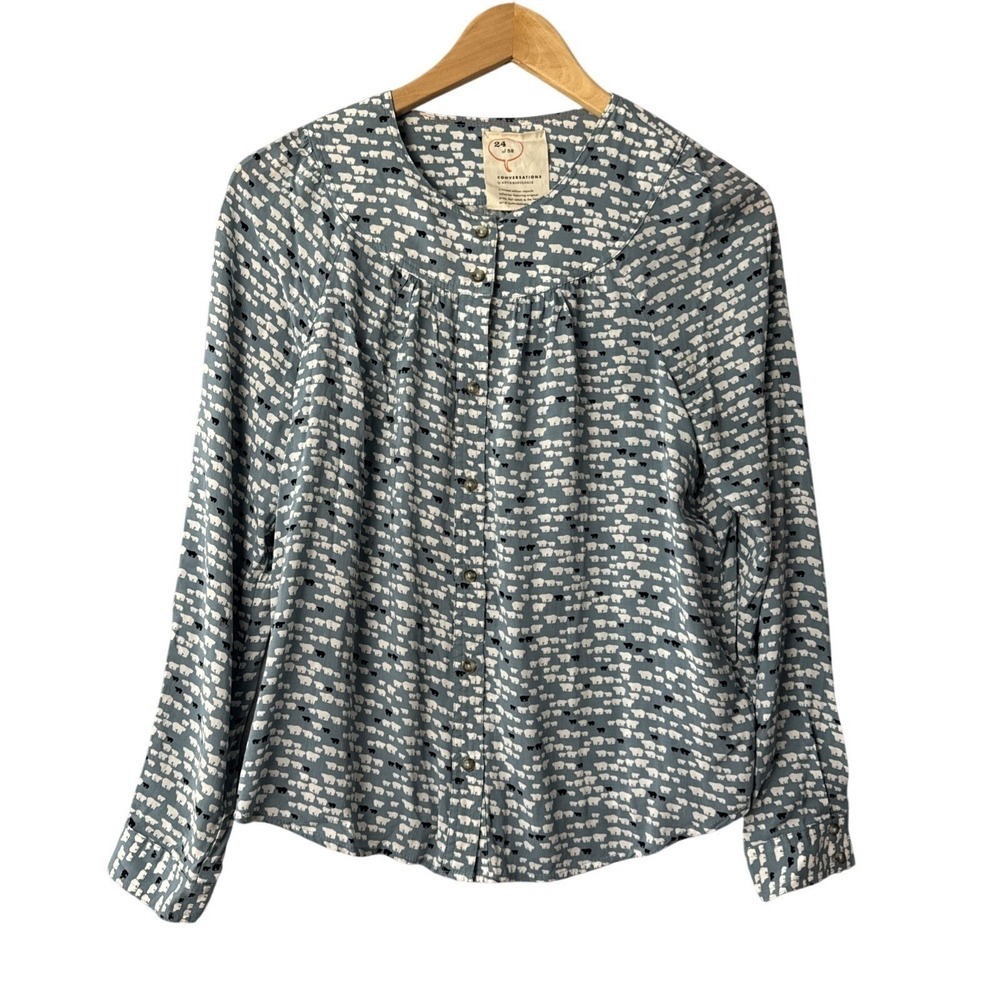 Conversations by Anthropologie Blouse Women Size 2 Blue Polar Bear Print Rayon